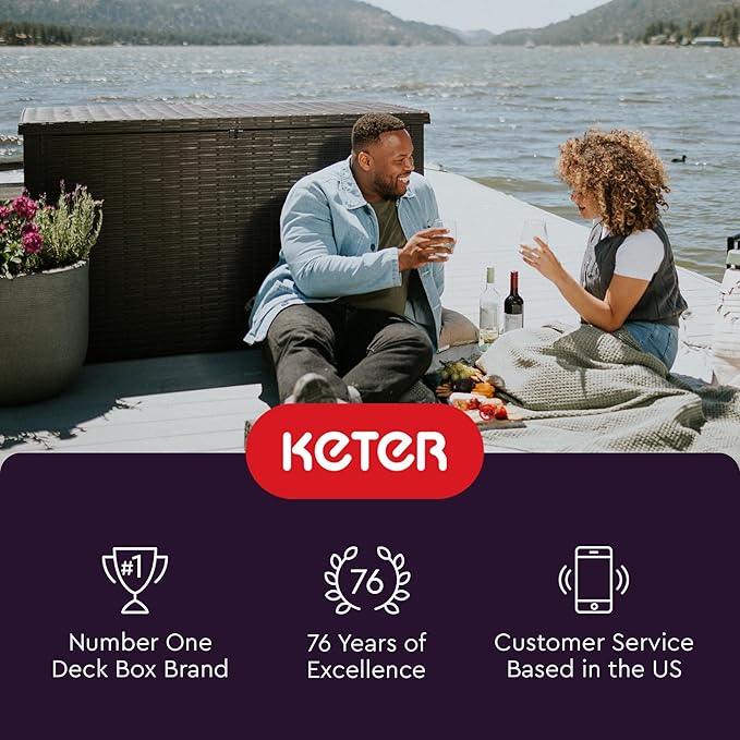 Keter Java XXL 230 Gallon Resin Rattan Look Large Outdoor Storage Deck Box for Patio Furniture Cushions, Pool Toys, and Garden Tools, Dark Grey-VerdiqueGarden