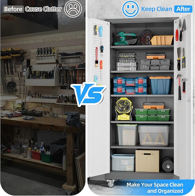 71" H×32" W×16" D Garage Storage Cabinet with Wheels & Pegboard, Locking Metal Storage Cabinet with Doors and 5 Adjustable Shelves & & 4 Hooks for Garage Warehouse Home Office, White and Gray-VerdiqueGarden