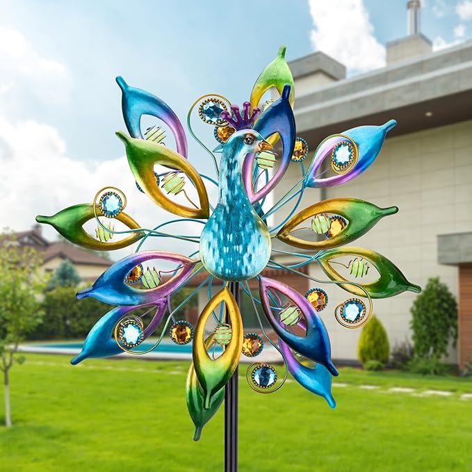 DREAMYSOUL 15.7" D*65”H Metal Peacock Wind Spinners Double Sided Kinetic Wind Sculptures Outdoor Metal Windmill for Garden Yard Decor-VerdiqueGarden
