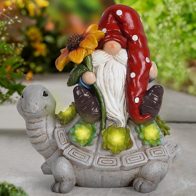 Hodao Patio Garden Theme Solar Gnome & Turtle Sculpture Statue - Lawn, Deck, Balcony, Patio Spring/Summer Decorations - Creative Housewarming Gifts-VerdiqueGarden
