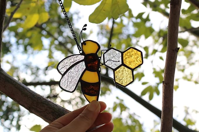 Bee On Honeycomb Stained Glass Window Hangings, Bee Suncatcher Garden Bee Decor Bee Gift for Mom Women-VerdiqueGarden