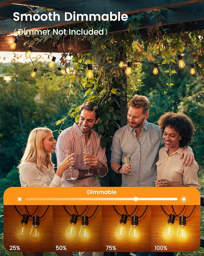 Torkase 50FT Outdoor String Lights LED, S14 Shatterproof Bulbs (15+1), Waterproof Dimmable Patio Lights for Backyard, Porch, Garden - Connectable Commercial Grade-VerdiqueGarden