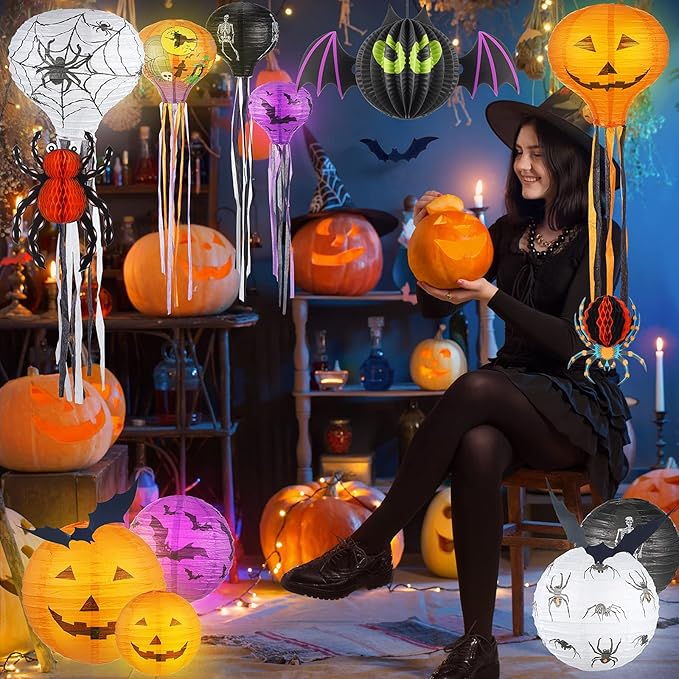 48 Pieces Halloween Decorations Paper Lanterns Pumpkin Skeleton Paper Lanterns 3D Bat Wall Stickers Spider Wall Hanging for Halloween Party Garden Bedroom Cobwebs Indoor Outdoor, 12 Inch and 8 Inch-VerdiqueGarden