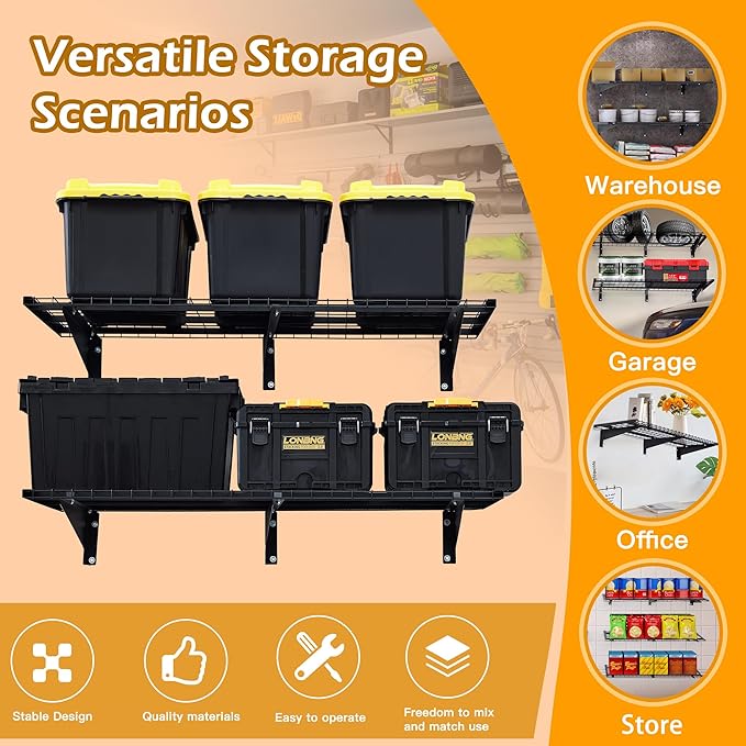 Garage Wall Shelving, 2-Pack 2 x 4ft Garage Storage Rack,Loads 700 lbs 24-inch-by-48-inch Heavy Duty Wall Shelves,24” x 48” Garage Wall Shelf,Black-VerdiqueGarden