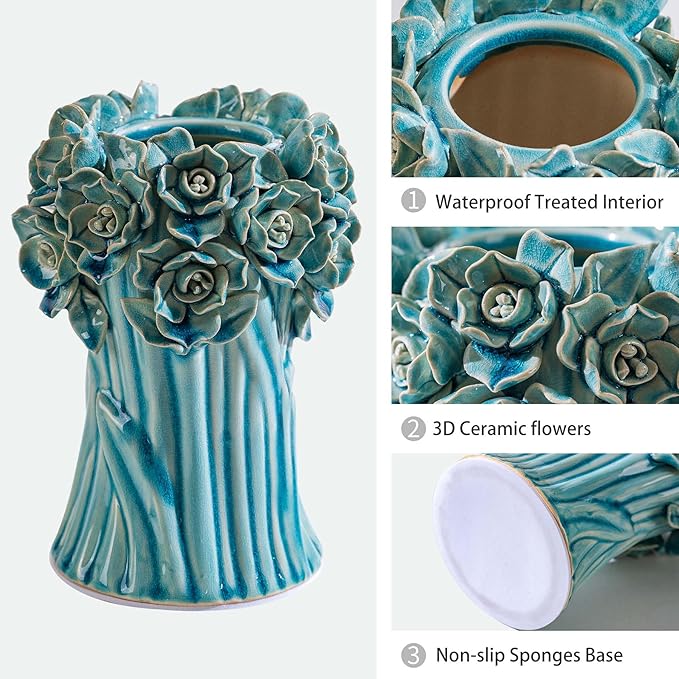 Handmade Blue Ceramic Vase with 3D Flowers, Blue Bud Wedding Bouquets Vases for Centerpieces, Vintage Floral Vase for Home Cottage Core Decor, Decorative Vases for Living Room, Housewarming Gift 6.6In-VerdiqueGarden