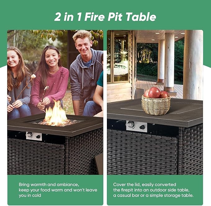 5 Pieces Patio Wicker Furniture Set - 4 Outdoor Swivel Rocker Glider Chairs with 50000BTU Propane Fire Pit Table, Warm Patio Conversation Set Red Cushion Perfect for Casual Gathering-VerdiqueGarden