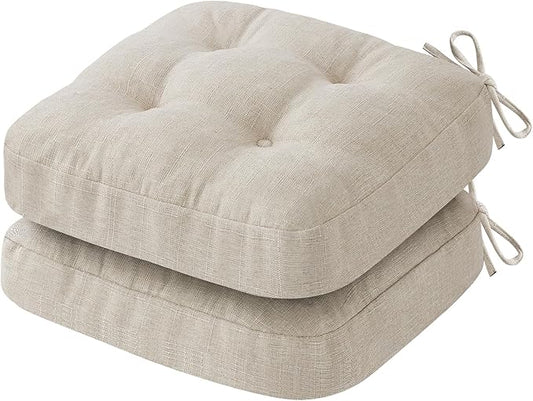 Chair Cushions for Dining Chairs, Dining Chair Cushions, Tufted Indoor Chair Pads with Ties & Non Slip Backing, Seat Cushions for Kitchen Chairs 16.5” x 16.5” x 3.5”, Set of 2, Beige-VerdiqueGarden