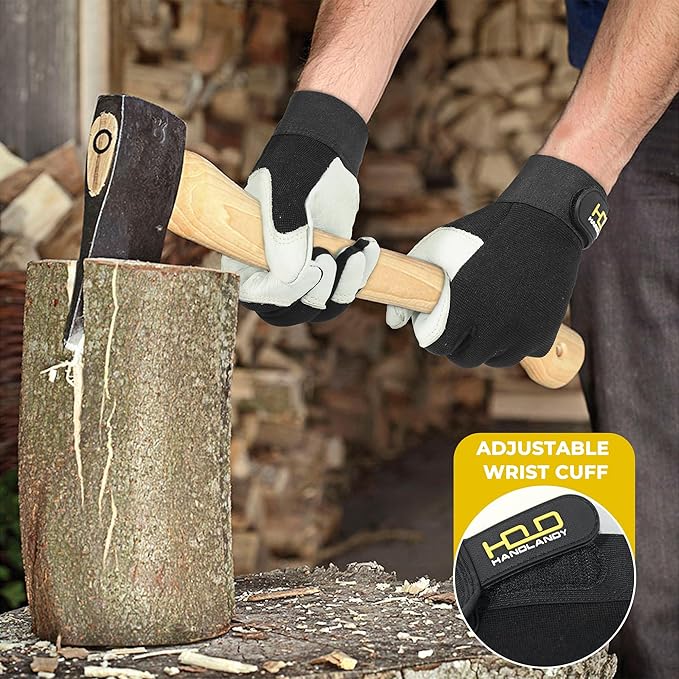 HLDD HANDLANDY Leather Work Gloves for Men & Women, Adjustable Wrist Cowhide Gardening Glove with Reinforced Palm for Driver-VerdiqueGarden