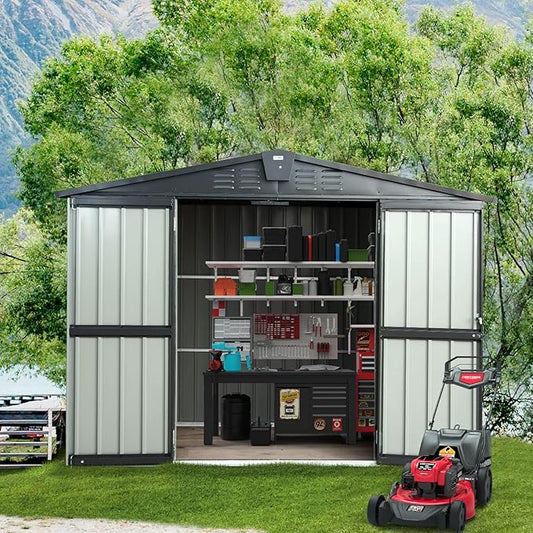 Domi Outdoor Storage Shed 6.5’ x 4.2’, Metal Garden Shed with Galvanized Steel Frame for Bike, Tools, Lawn Mowers, Outdoor Storage Cabinet with Lockable Door for Garden Lawn Patio (Dark Grey)-VerdiqueGarden