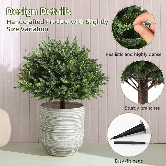 23.6Inch Artificial Cedar Topiary, 2 Pack UV Resistant Faux Evergreen Shrubs with Ground Spikes, Indoor Outdoor Potted Plants for Porch, Garden, Front Door Decor-VerdiqueGarden