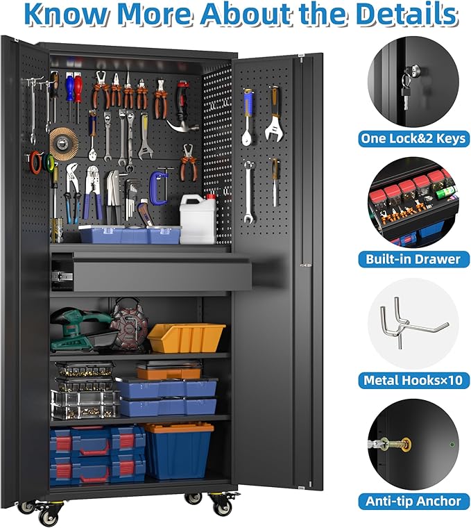 Metal Garage Cabinet with Wheels,71''H Rolling Lockable Steel Tool Cabinet with Pegboard & 1 Drawer for Garage,Home,Office Assembly Required,Black/Red-VerdiqueGarden