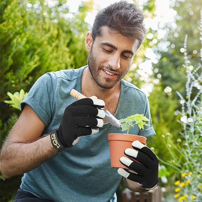 HLDD HANDLANDY Leather Work Gloves for Men & Women, Adjustable Wrist Cowhide Gardening Glove with Reinforced Palm for Driver-VerdiqueGarden