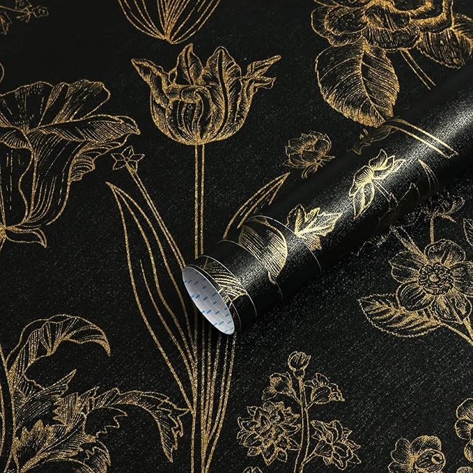 Dimoon 393"x17.3" Floral Wallpaper Peel and Stick Flowers Golden Black Contact Paper Thicken Waterproof Modern Self Adhesive Plants Wallpaper Removable Wall Paper Shelf Vinyl Roll-VerdiqueGarden