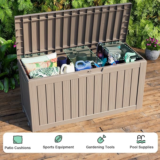 75 Gallon Resin Deck Box, Lockable Outdoor Storage Box for Patio Cushions Storage Furniture,Garden Tools, Pool Supplies, Weatherproof and UV Resistant (Grey)-VerdiqueGarden