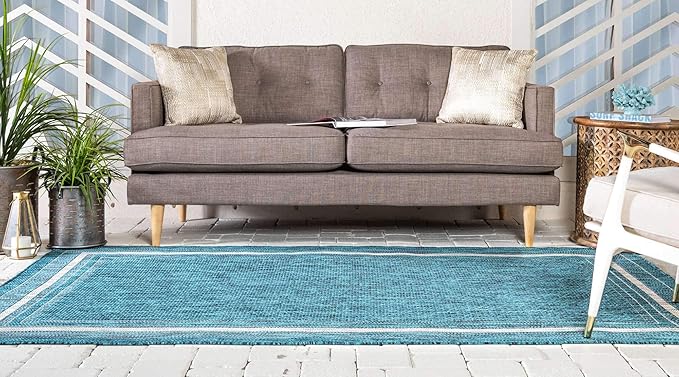 Unique Loom Outdoor Border Collection Area Rug - Soft Border (4' 1" x 6' 1" Rectangle, Teal/ Ivory)-VerdiqueGarden