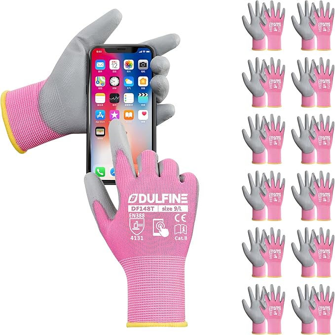 DULFINE Work Gloves for Men PU Coated 12 Pairs Bulk Pack,Pink Seamless Knit Glove with thin Polyurethane,Two Finger Touchscreen, for Men and Women, Ideal for Light Duty Work. (Medium)-VerdiqueGarden