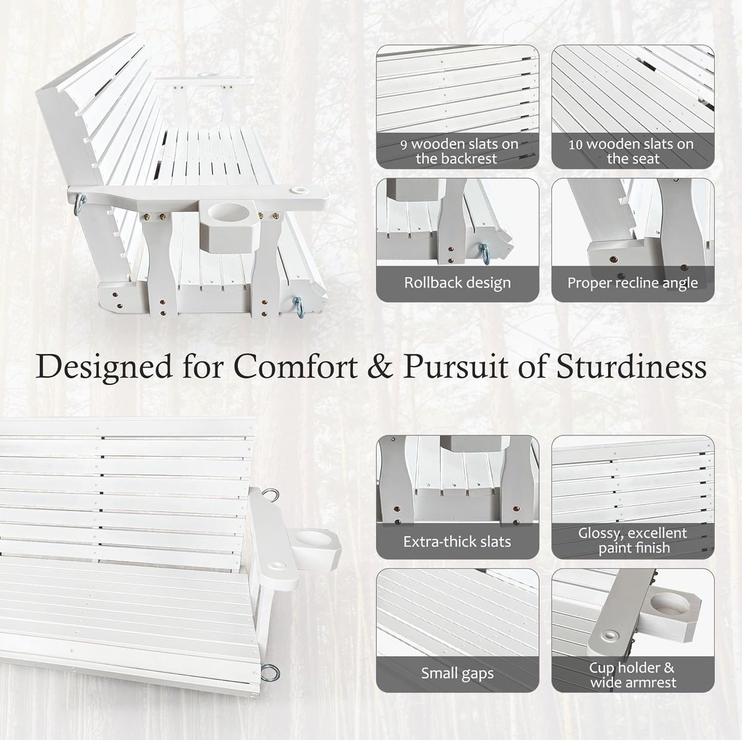 Wooden Porch Swing 3-Seater, High Backrest and Deep Seat, Bench Swing with Cupholders, Hanging Chains and 7mm Springs, Heavy Duty 880 LBS, for Outdoor Patio Garden (Pure White, 5 FT Extra Large)-VerdiqueGarden