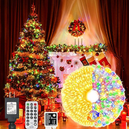Decute 300LED Christmas Tree String Lights Outdoor Indoor 108FT Extendable, 11 Modes 4 Colors Changing Twinkle Fairy Lights with Timer Remote for Party Decor, Warm White & 3 Multicolors-VerdiqueGarden