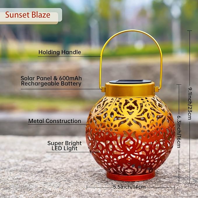 2 Pack Outdoor Solar Hanging Lantern Lights Metal LED Decorative Lamp for Garden Patio Courtyard Lawn and Table with Hollowed-Out Design (Sunset Blaze)-VerdiqueGarden
