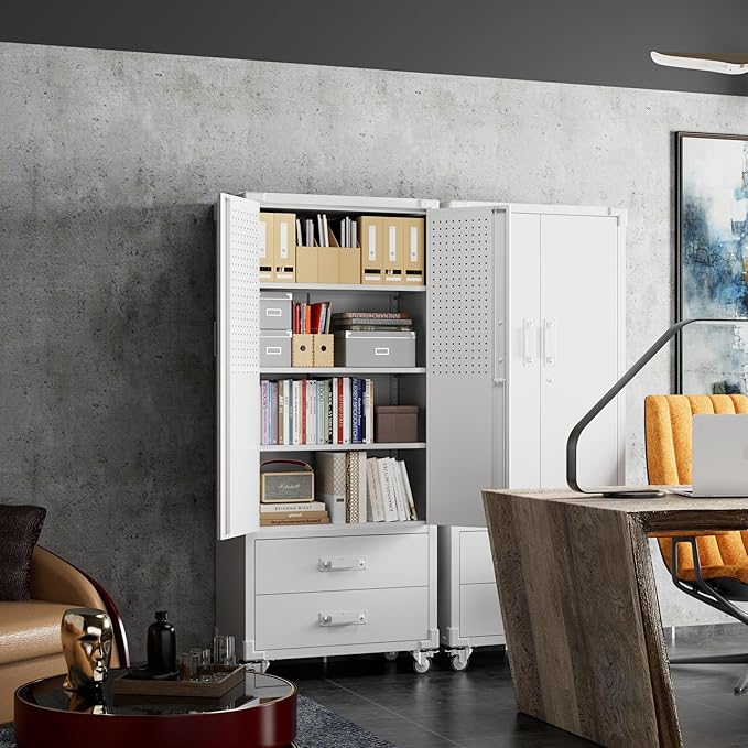 Upgraded Metal Garage Storage Cabinet with Wheels and 2 Drawers, Rolling Tool Cabinet with 3 Shelves and Pegboard Behind The Door for Home Office Garage,Assembly Required,White-VerdiqueGarden