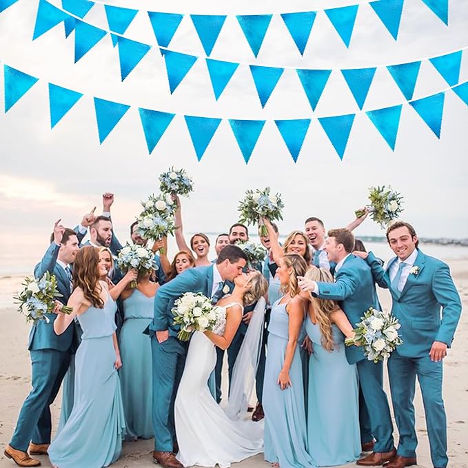 Sky Blue Party Decorations - Light Blue Triangle Pennant Banner Flag - Metallic Fabric Bunting for Graduation, Wedding, Retirement, Birthday, Under The Sea, Nautical, Ahoy, Party Decor Supplies-VerdiqueGarden