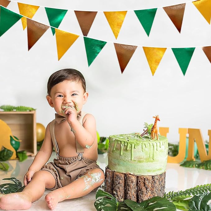 Green Gold Brown Metallic Fabric Triangle Pennant Banner Flag Bunting Garland for Football Jungle Safari Wild Woodland Birthday Baby Shower Wedding Bachelorette Graduations Party Decorations Supplies-VerdiqueGarden