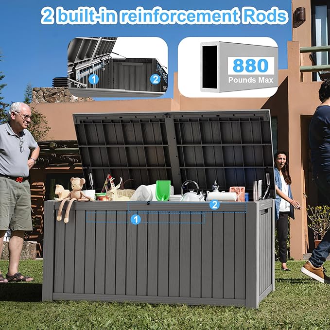 180 Gallon Deck Box,Resin Outdoor Storage Box with Lockable for Patio Furniture, Pool Accessories, Garden Tools Waterproof Outside Storage Box, Grey-VerdiqueGarden