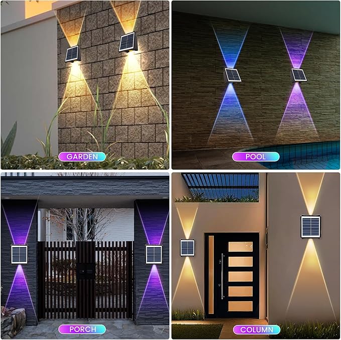 Solar Powered Outdoor LED Lights, Waterproof Wall Sconces, 2 LEDs Fence Lights, Up & Down Lighting for Backyard, Deck, Patio, Porch, Balcony, Garden (2 Pack)-VerdiqueGarden