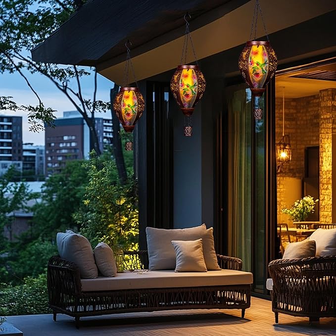 Hummingbird Hot Air Balloon Solar Lantern, Metal & Glass Flickering Flame Light Solar Lantern, Hanging Waterproof Solar Lanterns Outdoor for Garden Patio Tree Decoration-VerdiqueGarden