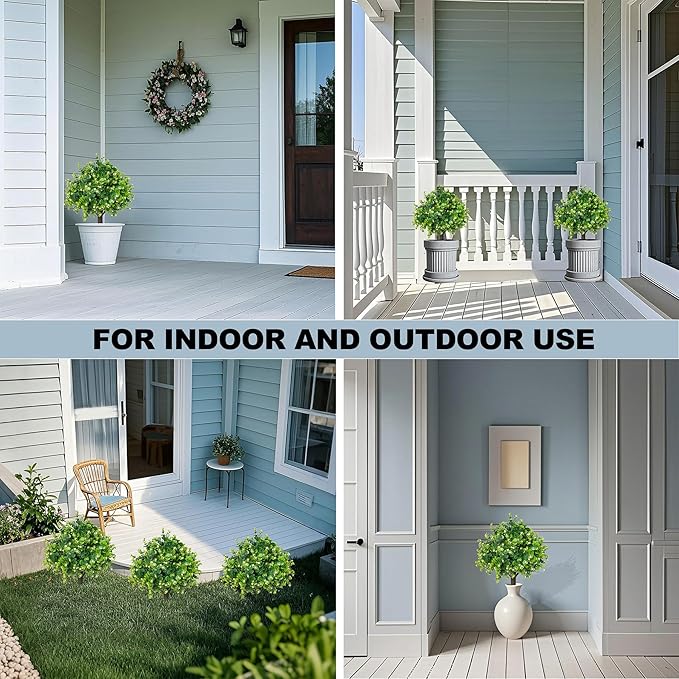 Artificial Boxwood Topiary Ball Trees 21.6" Tall UV Resistant Artificial Bushes, Set of 2 Faux Plants with Spike Easy to Push in The Ground for Indoor Outdoor Garden-VerdiqueGarden