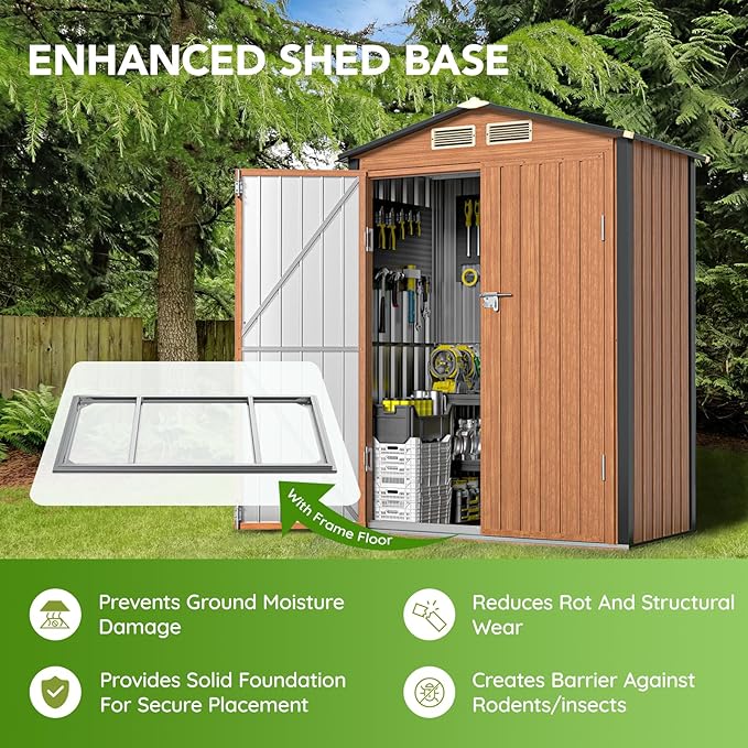 Outdoor Storage Shed, 5x3 Ft Metal Steel Tiny House with Frame Floor & Lockable Door, Vertical Outside Storage Building for Garden, Backyard, Lawn, Patio Utility, Tool Storage-VerdiqueGarden