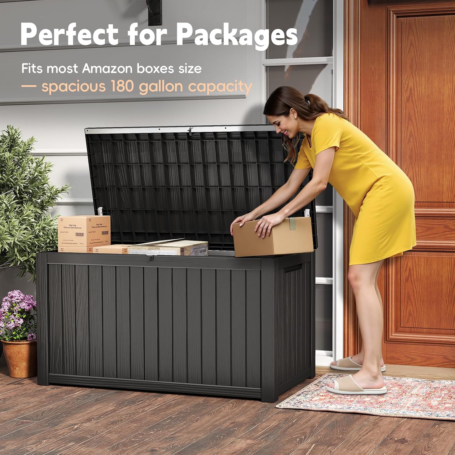 Outdoor Storage Box, 180 Gallon Waterproof Resin Deck Box, Storage Bin for Package Delivery, Patio Furniture Cushion, Garden Tools, Pool Accessories, Weatherproof and UV Resistant, Black-VerdiqueGarden