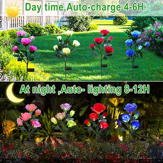 ANGMLN 4 Pack Solar Garden Lights, Solar Flower Lights Outdoor Waterproof with 20 Head Rose 7-Color Changing Landscape Light for Garden Yard Pathway Patio Grave Cemetery Decoration-VerdiqueGarden