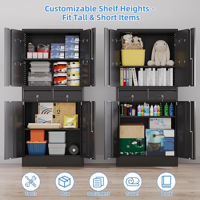 Metal Garage Storage Cabinet with Locking Doors and 2 Adjustable Shelves, Rolling Tool Storage Cabinet with 4 Wheels and 2 Drawer for Garage, Warehouse, Black, Assembly Required-VerdiqueGarden