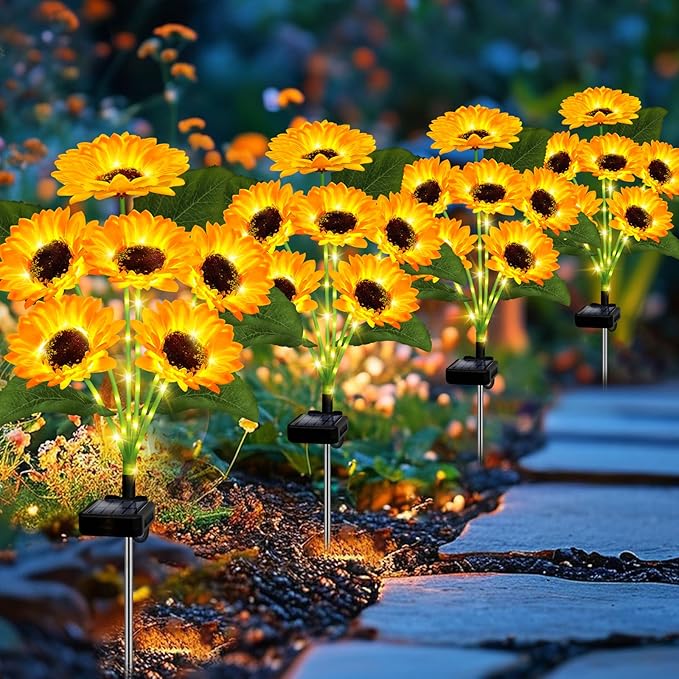 Solar Lights Outdoor Garden Decor,4 Pack with 24 Sunflower Lights,Solar Flowers Lights Waterproof,Sunflowers Gifts for Mom Women Grandma Birthday,Decorative Stakes Lights for Landscape Yard Patio Lawn-VerdiqueGarden