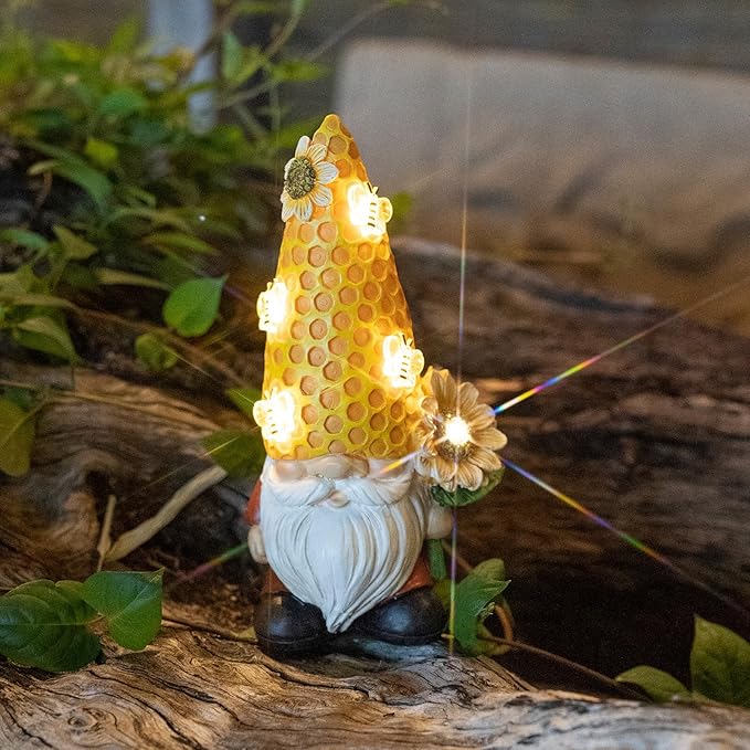 Garden Gnome Statue Solar Powered with Glowing Bees Sunflower Outdoor Funny Resin Figurine Decorations for Patio Yard Lawn Porch Housewarming Ornament Gift-VerdiqueGarden
