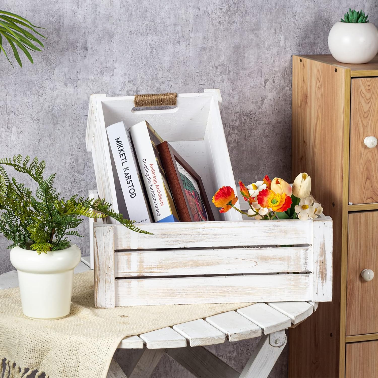 TIMRIS Set of 3 Rustic Wood Nesting Crates, Farmhouse Wooden Storage Container Boxes with Cutout Handles, Decorative Wooden Baskets for Display (Whitewash)-VerdiqueGarden