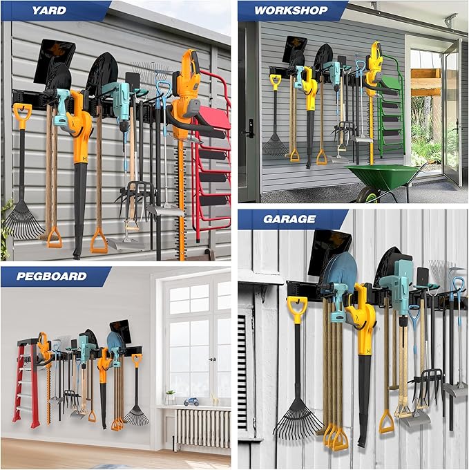 Garage Tool Storage Rack, Heavy Duty Garage Storage Organizer Rack System Wall Mounted Tool with 12 double hooks, 4 rails Garden Tool Rack-VerdiqueGarden