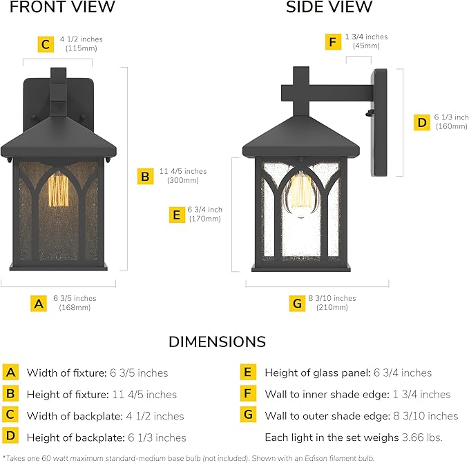 Inlight 11 4/5" High Black Finish and Seeded Glass Outdoor Wall Lantern (Set of 2), Bulb Not Included, IN-0603-1-BK-VerdiqueGarden