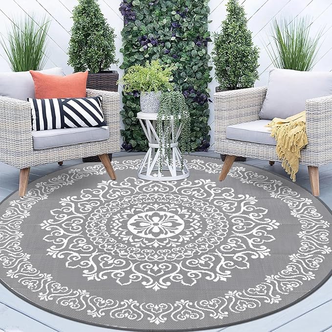 Pauwer Waterproof Outdoor Rug 8ft, Reversible Plastic Straw Patio Camping Rug, Indoor Outdoor RV Mat Carpet for Deck, Camper, Porch, Balcony, Backyard, Picnic, Floral Grey-VerdiqueGarden