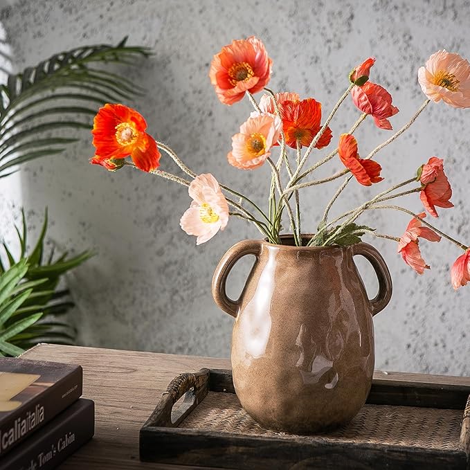 Kimdio Brown Ceramic Vase with 2 Handles, Modern Farmhouse Vase for Home Decor, Vintage Rustic Pottery Vase, Decorative Terracotta Vase, Clay Jug for Living Room Dining Table Shelf-VerdiqueGarden