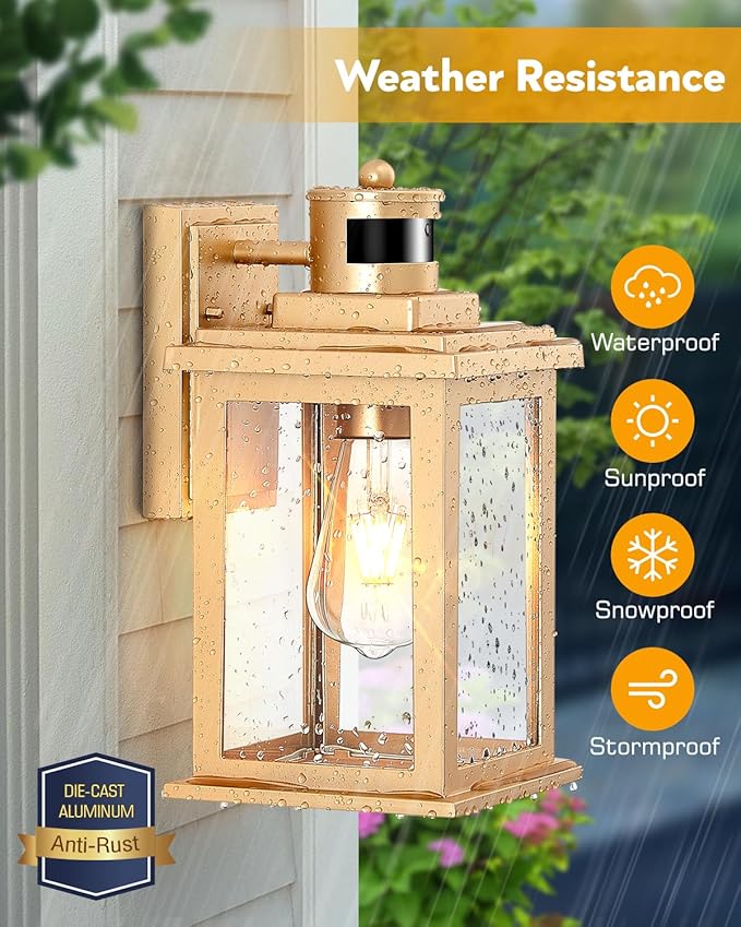 VIANIS Motion Sensor Exterior Lights for House, Dusk to Dawn Outdoor Light Fixture Lantern, Gold Waterproof Outdoor Motion Sensor Light for House, Doorway, Entryway, Garden, Hardwired, Non-Solar-VerdiqueGarden