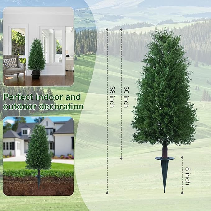 3FT Artificial Cedar Topiary Ball Trees with Ground Spike, 2 Pack UV Resistant Artificial Shrubs, Fake Evergreen Artificial Plant Brush for Indoor Outdoor Front Porch Garden-VerdiqueGarden