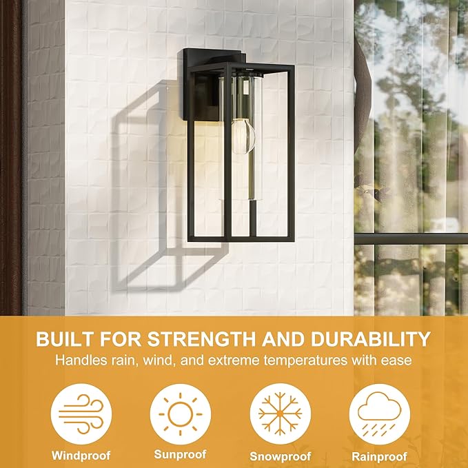 15.7 Inch Outdoor Wall Lights, Outdoor Wall Lantern with Circular Clear Glass Shade, Waterproof Exterior Lighting Fixtures, Modern Front Porch Lighting for House, Garage, E26 Base, ETL Listed, Black-VerdiqueGarden