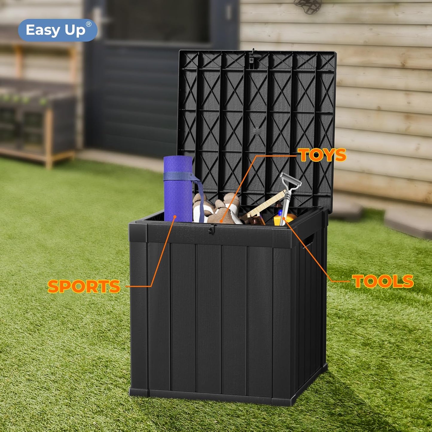 50 Gallon Double-Wall Resin Deck Box - Lockable Waterproof Outdoor Storage Box, 515bs Capacity & Doubles as Seating for Patio Furniture - Garden Tools, Pool Accessories (Black)-VerdiqueGarden