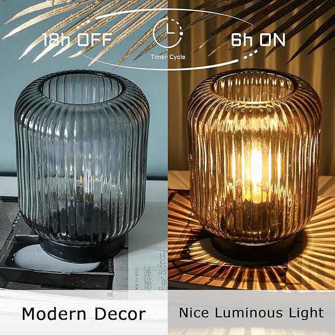 Battery Operated Lamp, Cordless Table Lamps for Home Decor, Battery Powered Nightlight with LED Bulb, Decorative Glass Beside Lamp for Bedroom Living Room-Grey-VerdiqueGarden