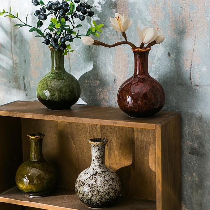 JOJUNO Glazed Rustic Bud Vase Set of 4 - Small Ceramic Mini Pottery Vases in White, Yellow, Green, Red - Ideal for Fresh & Dried Flowers - Modern Farmhouse Décor for Living Room, Shelves, Dining Table-VerdiqueGarden