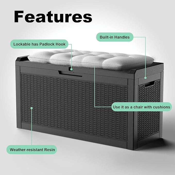60 Gallon Resin Deck Box, Lockable Outdoor Storage Box for Patio Cushions Storage Furniture,Garden Tools, Pool Supplies, Weatherproof and UV Resistant（Black Rattan）-VerdiqueGarden