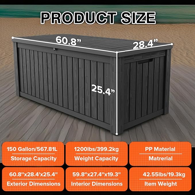 152 Gallon Deck Box Waterproof, UV Resistant Resin Outdoor Storage Box with Hydraulic Rod, Lockable Design and Enhanced Durability for Patio, Garden, and Poolside Use-VerdiqueGarden