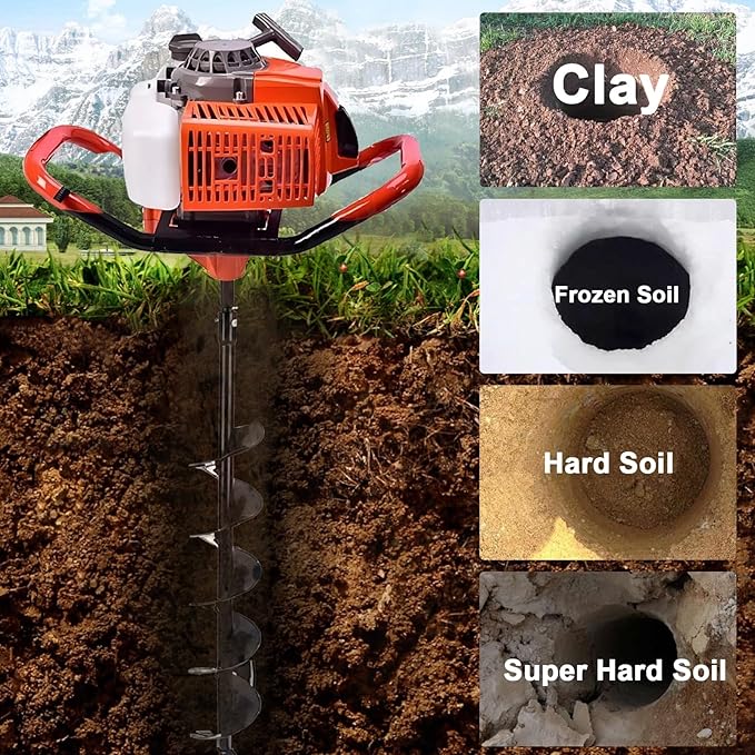 62cc 2.8HP Post Hole Digger Gas Powered, Gas Earth Auger/Ice Auger, with 2 Drill Bits 3"/6"/8" + 3 Extension Bar, One Man Earth Auger for Planting Fence, EPA Compliant Post Hole Auger-VerdiqueGarden